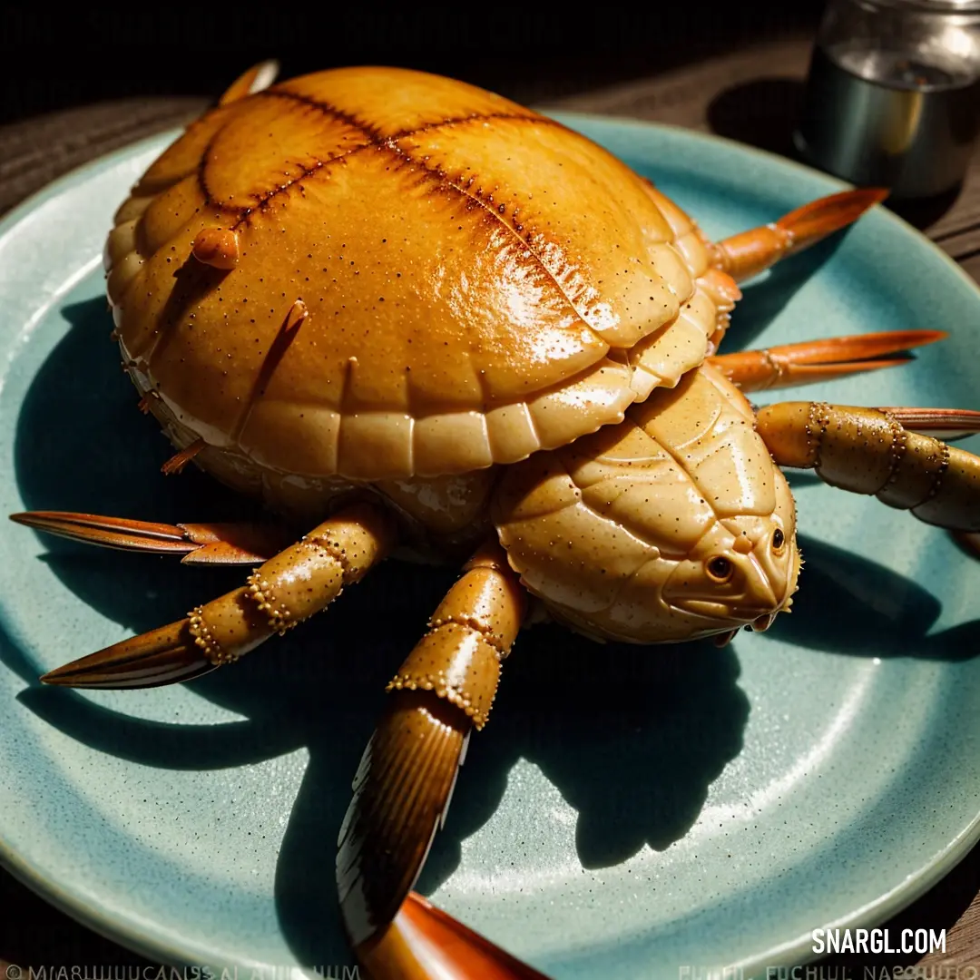 A fresh crab resting on a plate, beautifully arranged with a refreshing drink in the background. The light, creamy color of the plate and the drink’s vibrant hues create a perfect contrast, evoking a sense of freshness and summer vibes.