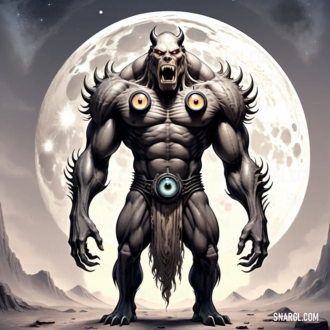 A mysterious demonic creature with large, captivating eyes and enormous horns looms against a dark backdrop. Its eerie presence is heightened by its exaggerated features, creating a truly otherworldly aura.