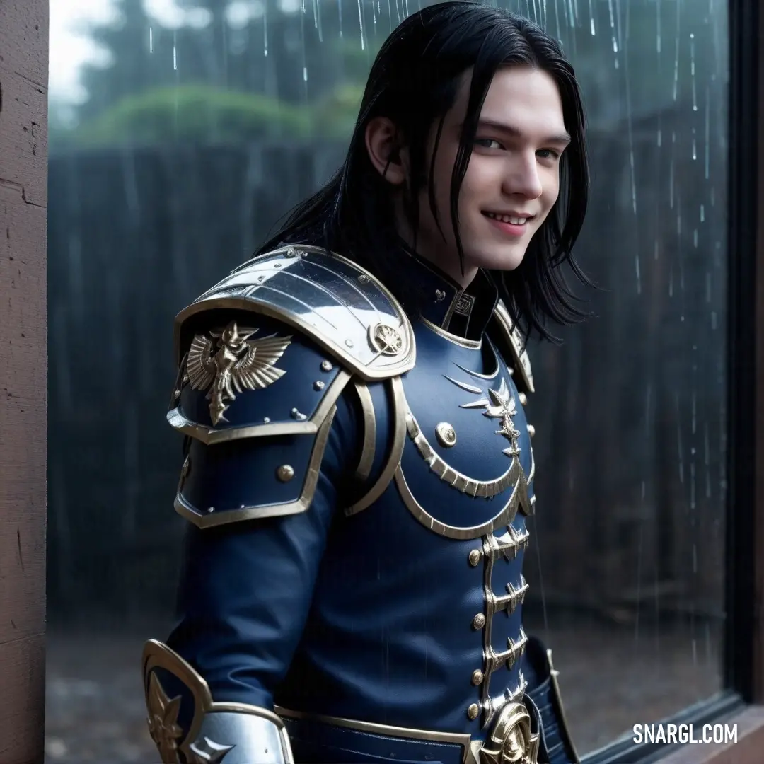 A cheerful man in a striking blue suit and golden armor stands beside a window, rain cascading down, wearing a warm smile that radiates positivity, as he gazes towards a brighter horizon.