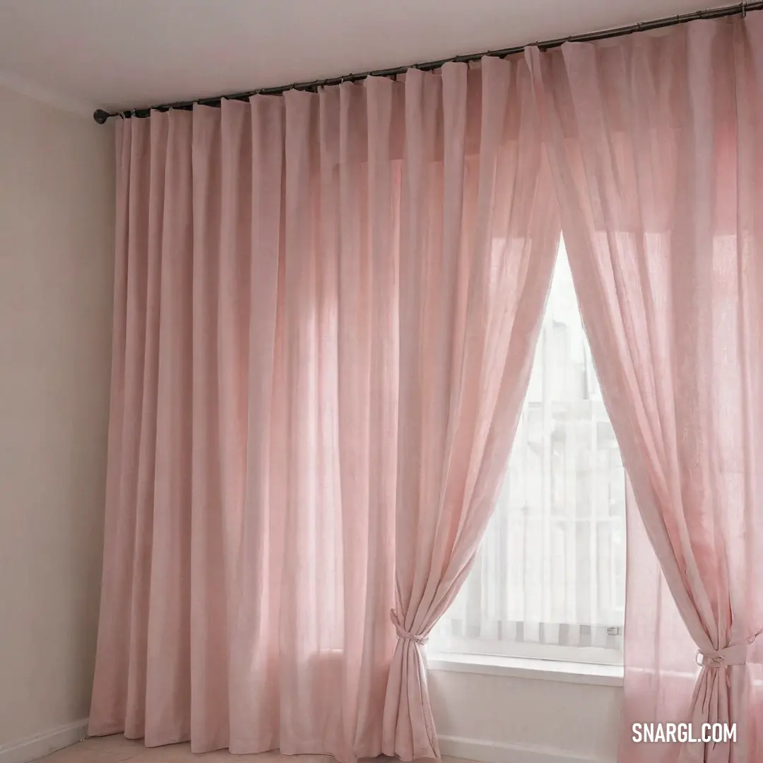 A soft, cheerful room features a lovely pink curtain with a stylish bow on its side, gracefully hanging beside a sunlit window and beautifully complementing the warm rug on the polished wooden floor.