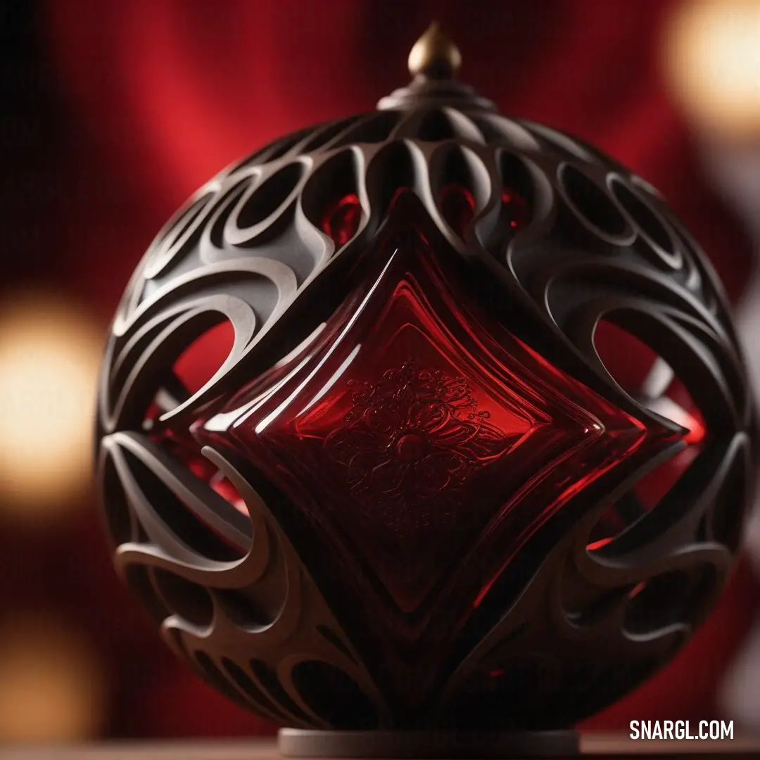 A red ball with a distinct pattern resting on a table next to a red curtain. The honeydew color in the environment adds a calming contrast to the vibrant red tones.