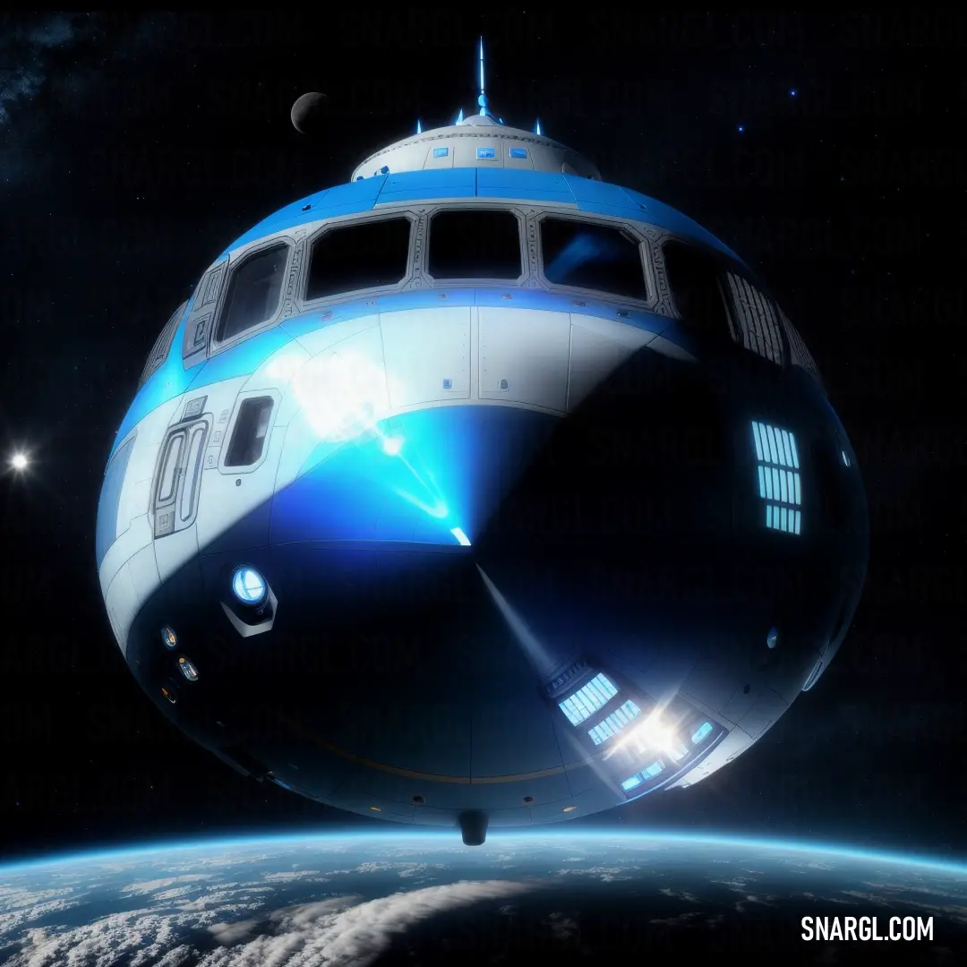 A spaceship floats high above Earth’s surface, surrounded by a beam of bright light, showcasing the clean, vibrant CMYK color mix of 6,0,6,0 in its design.