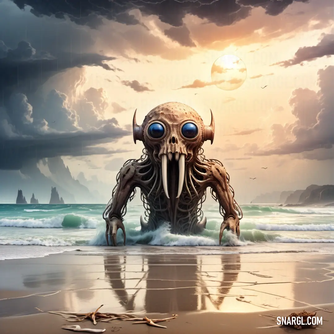 A strange, honeydew-colored creature with big blue eyes stands on a beach, gazing at the crashing waves and the cloudy sky above. Its otherworldly appearance contrasts with the natural beauty surrounding it.