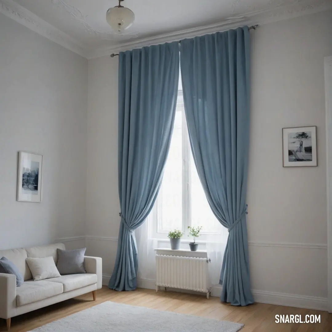 A welcoming living room filled with warmth, featuring a comfortable couch, large window adorned with elegant curtains, and a stylish rug that ties together the harmonious decor.