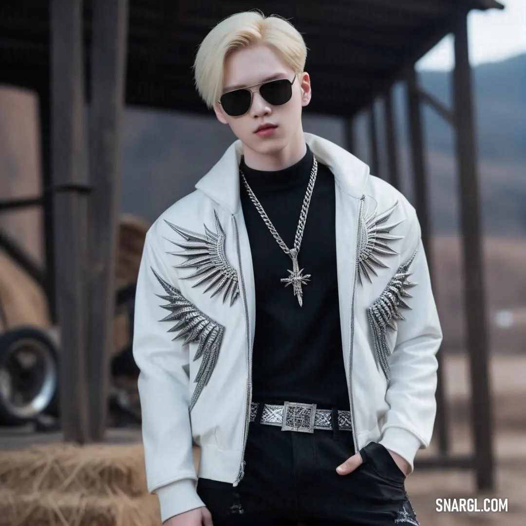 A stylized man with a cross and wings on his jacket poses confidently, wearing sunglasses that enhance his cool demeanor - a striking figure against a gentle honeydew background.