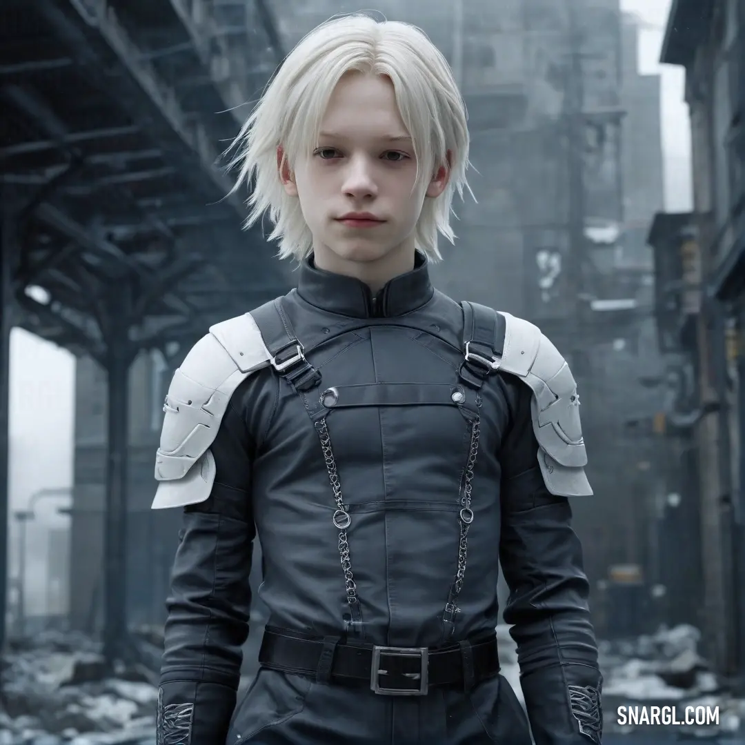 A man in a striking leather outfit stands confidently on a bustling city street, with a bridge in the background that adds an architectural flair, embodying the vibrant energy of urban life and personal expression through fashion.