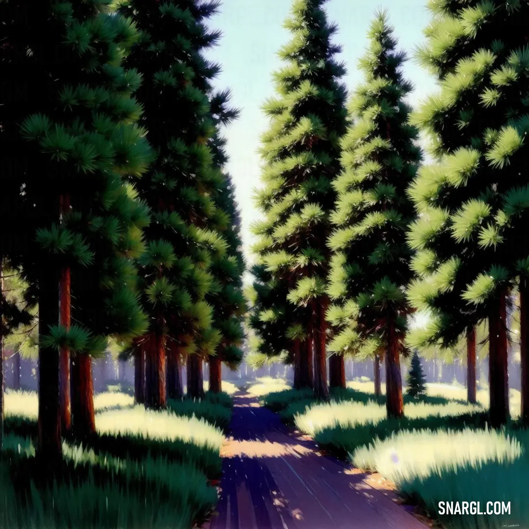 A serene painting depicts a road winding through lush green trees and grass, under a bright blue sky. The calm, pastel shades of the landscape create a peaceful and tranquil scene.