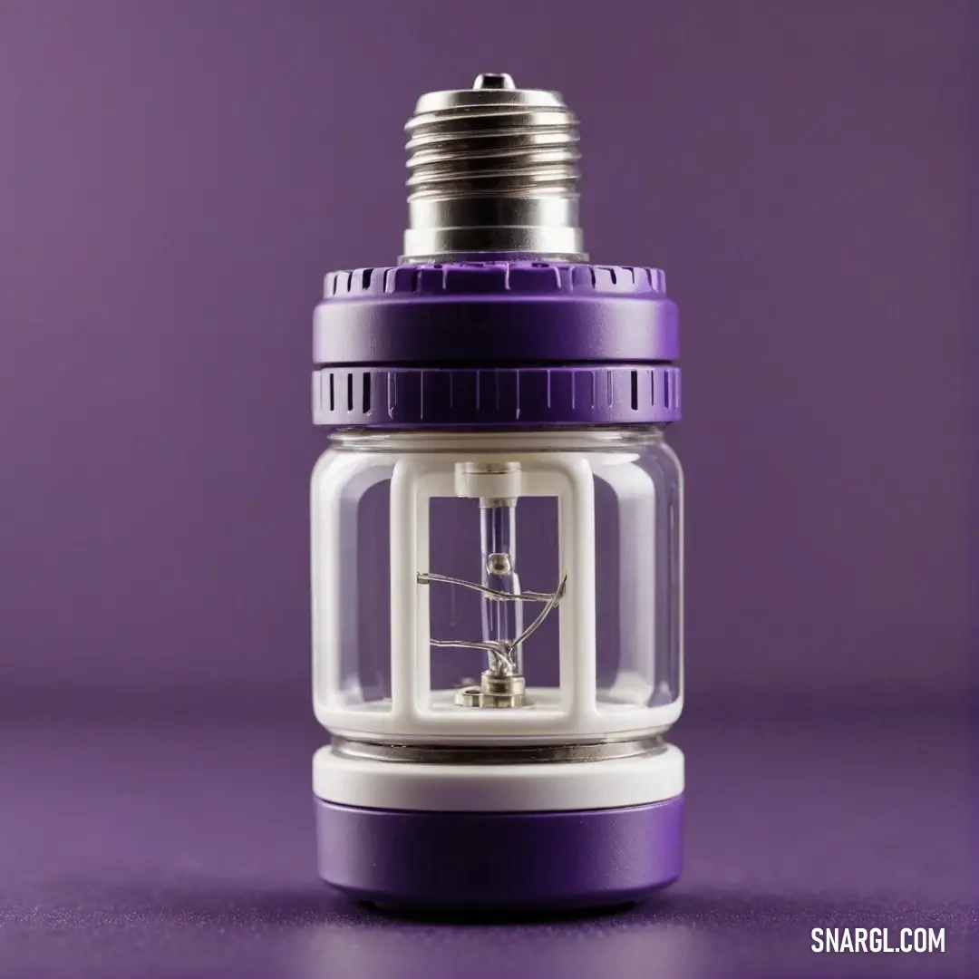 A striking purple and white light bulb rests on a vibrant purple surface, embodying the essence of honeydew color, while adding a playful touch to the modern decor.