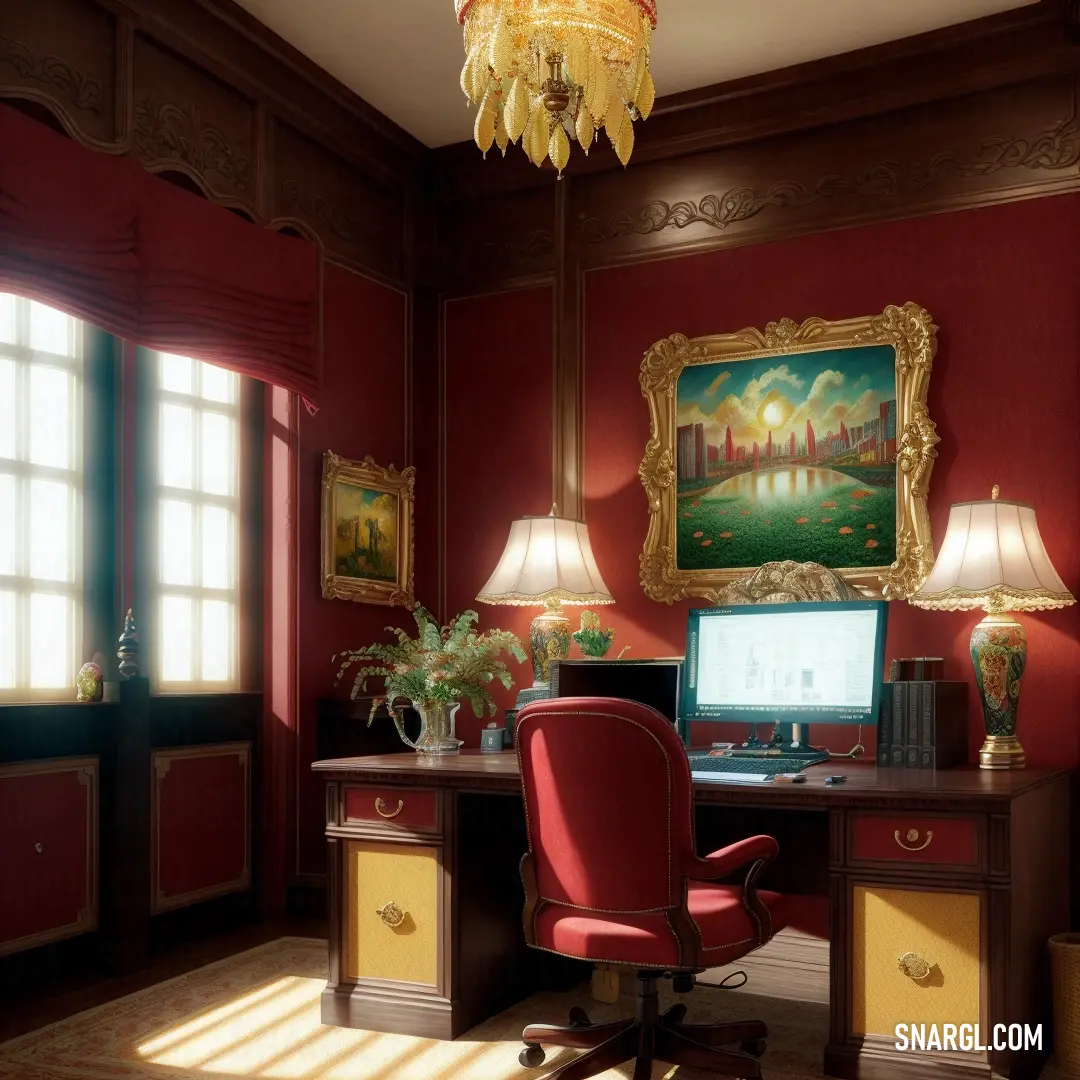 A cozy room featuring a desk with a comfortable chair, decorated with a painting on the wall. The walls are painted in a soft honeydew color, creating a calm and serene atmosphere, perfect for relaxation or working from home.