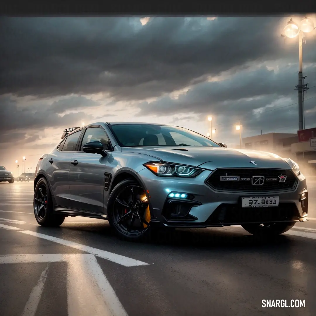 A silver car cruises down a street under a cloudy sky, its sides glowing with soft lights that reflect its sleek, modern design. The soft green hue of the surroundings adds to its elegance.