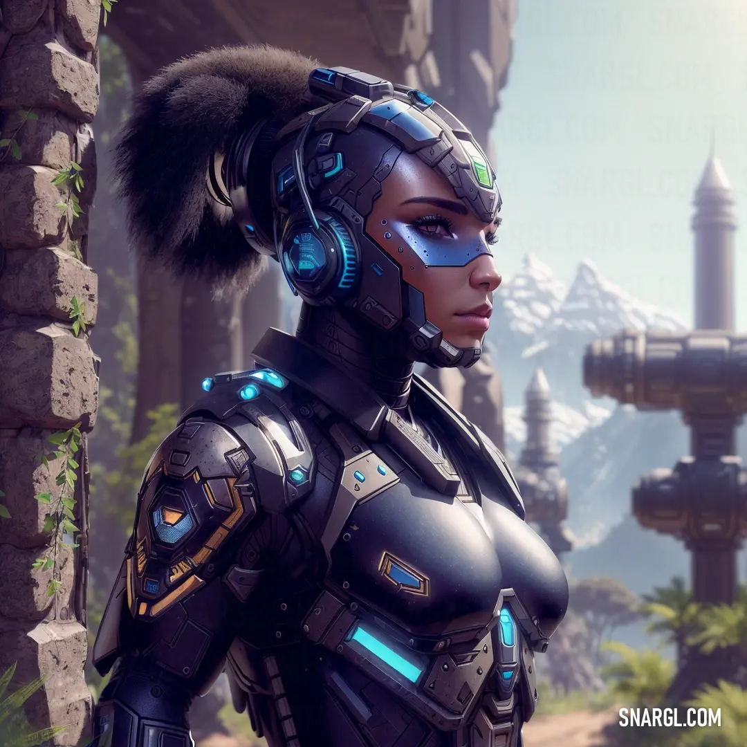 A woman dressed in a sleek, futuristic suit stands in front of a majestic mountain range, with snow-capped peaks rising in the background, highlighting her connection to both technology and nature.