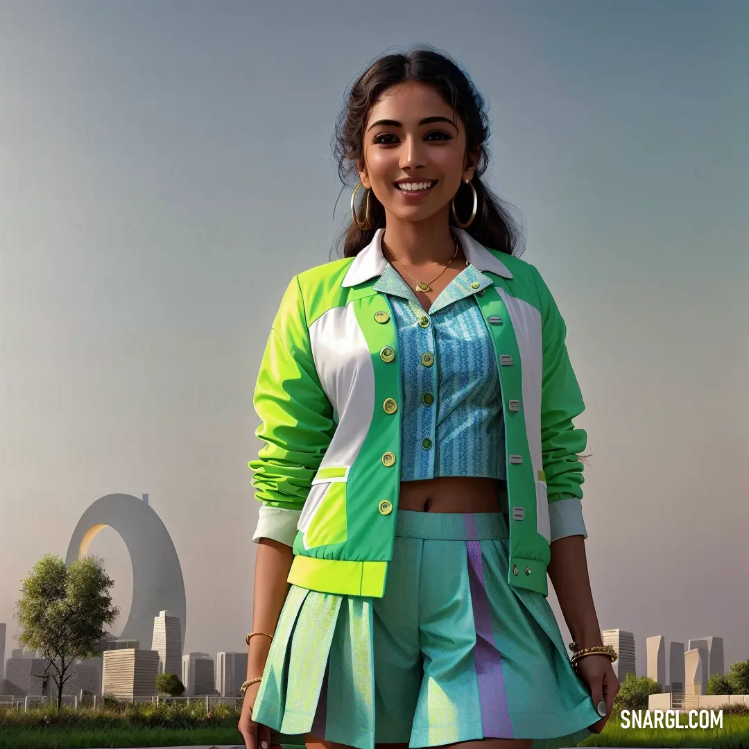 Woman in a green jacket and skirt posing for a picture in a park with a city in the background