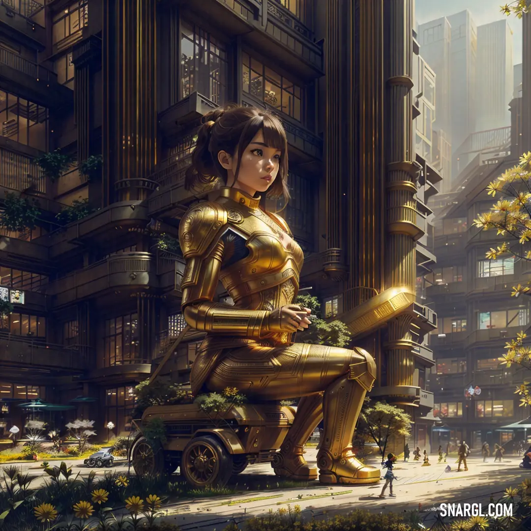 A woman standing atop a golden statue in the heart of a bustling city street, with tall buildings surrounding her and a man walking by, the scene illuminated by soft #F0FFF0 tones.