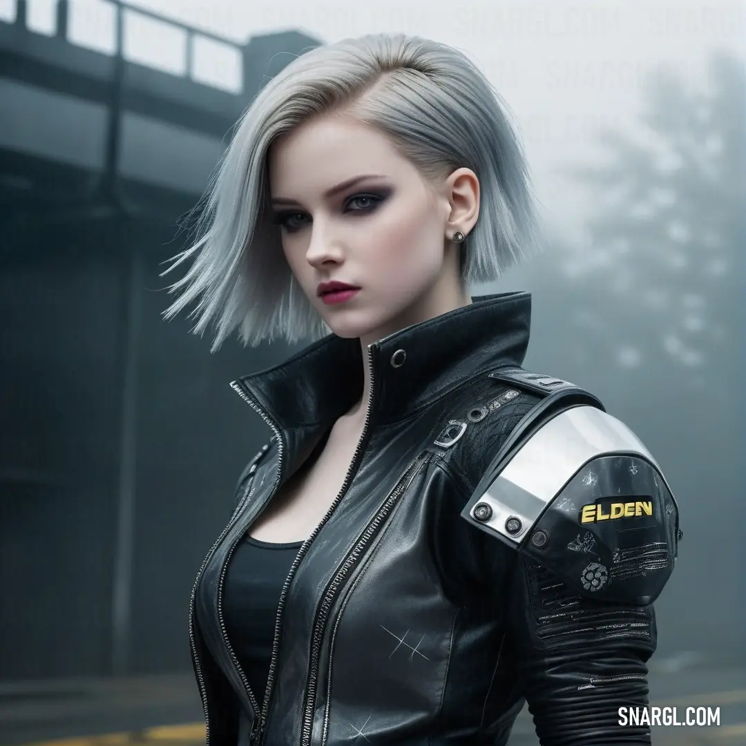 A stylish woman, clad in a chic black leather jacket, confidently poses for a photograph against a futuristic urban backdrop, her vibrant silver hair shimmering in the city light, embodying modern elegance and strength.