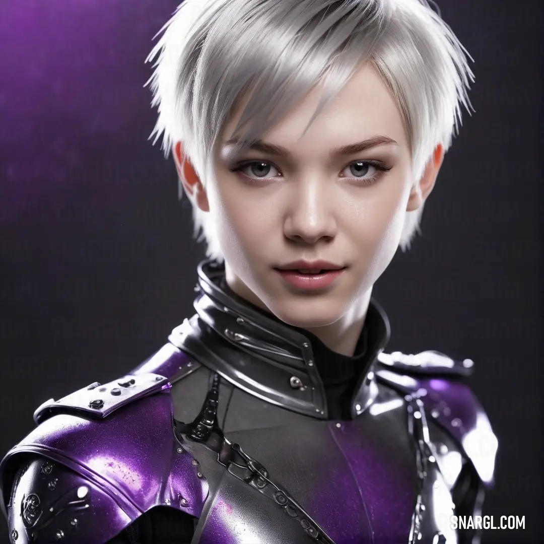 A confident woman with short white hair dons a striking purple outfit and a leather jacket adorned with silver accents, showcasing her bold fashion sense against a dynamic backdrop.