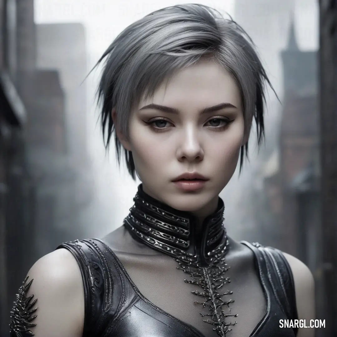 A unique woman with a spiky haircut and choker necklace commands attention as she navigates the vibrant energy of a bustling city street, embodying urban chic and bold character.