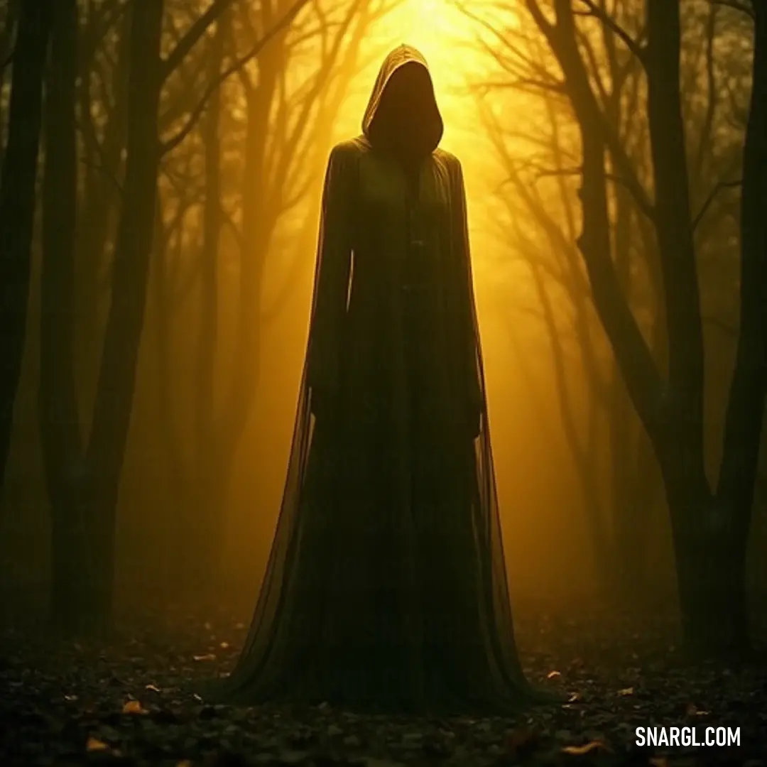 A serene hooded figure graces the forest at sunset, radiant light framing its silhouette amidst nature. A Hooded Figure in a flowing cloak stands gracefully in a sunlit forest, the warm light filtering through the trees, casting enchanting patterns all around.