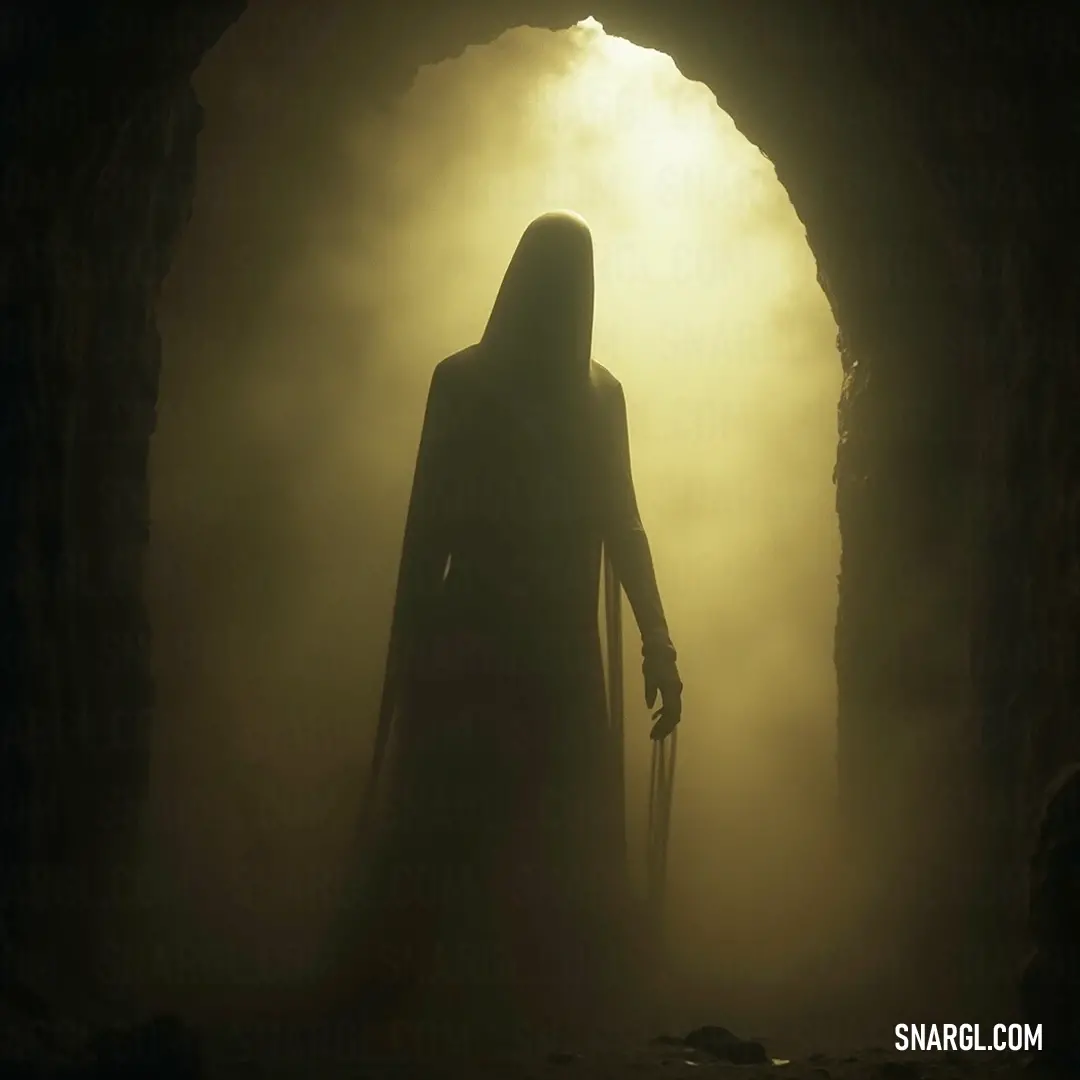 A mysterious figure with a staff in an ethereal cave, cloaked in fog and illuminated by piercing light. A hooded figure, cloaked and enigmatic, stands in a cave, wielding a staff; ethereal fog swirls around as beams of light pierce through, casting an otherworldly glow over the scene.