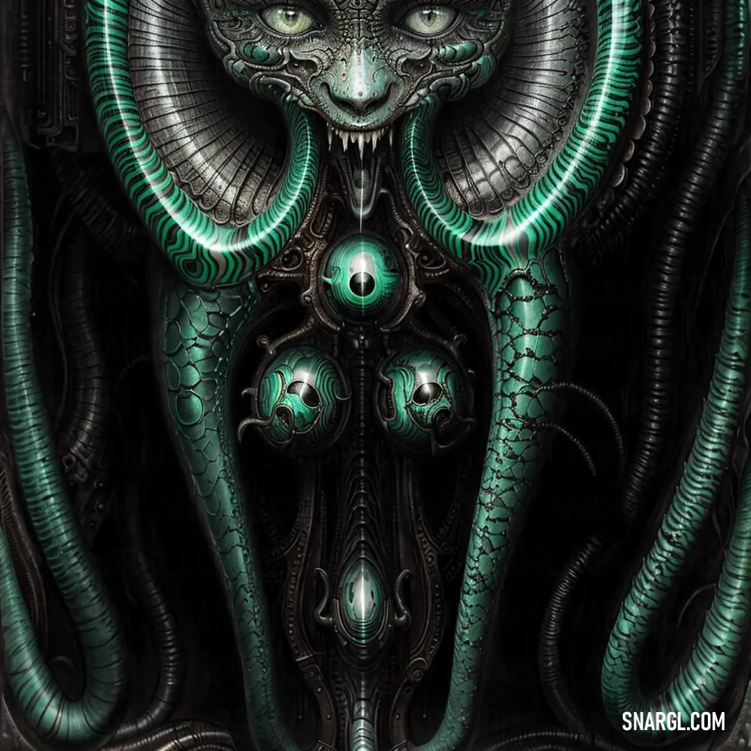 Green and black artwork with a face and tentacles on it's face and eyes