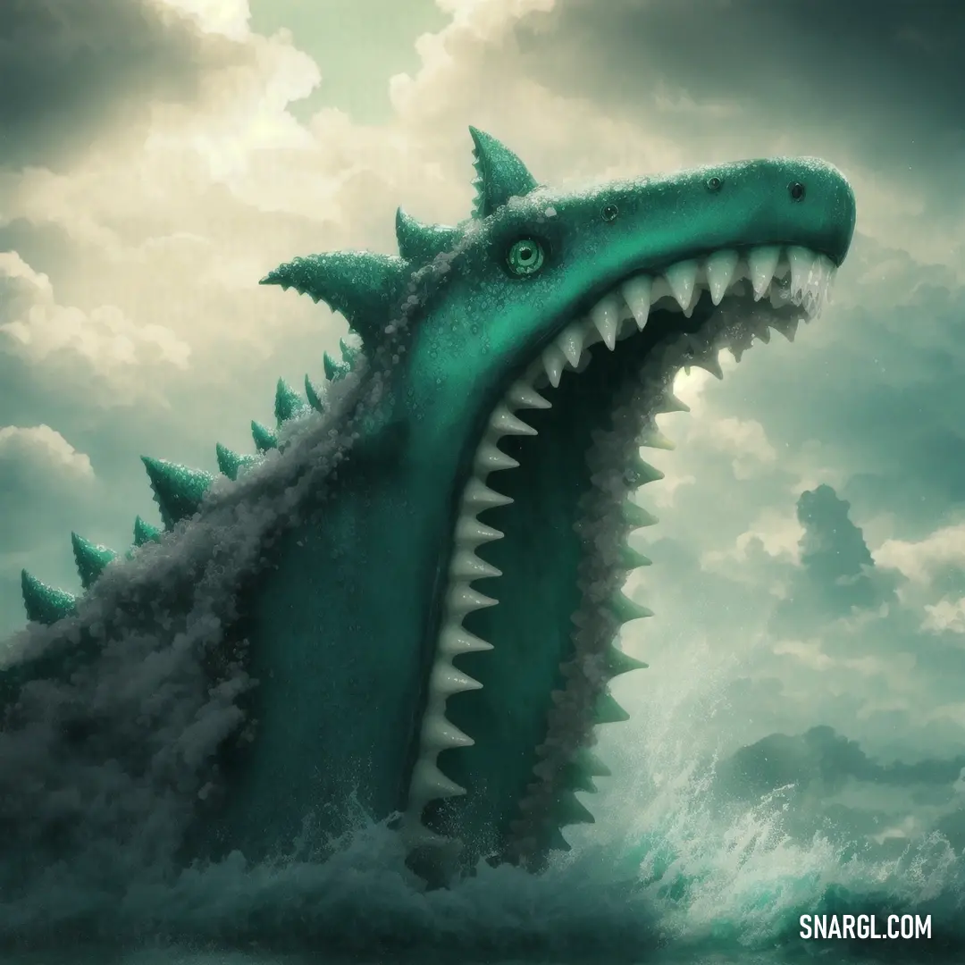 Green and white dinosaur with its mouth open in the water with a cloudy sky background