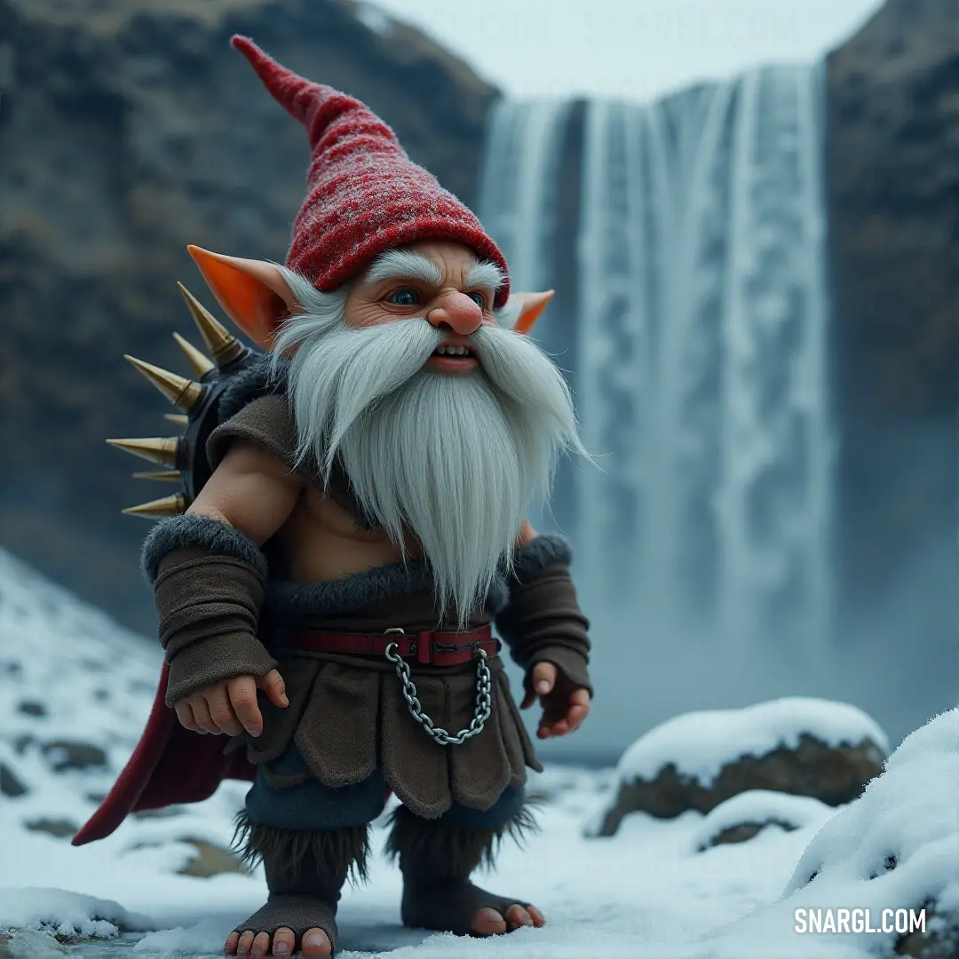 Hopple stands near a stunning waterfall, his red hat and chain glimmering as the mist rises around him. Hopple, wearing a red hat and a chain around his neck, stands near a majestic waterfall. The sound of the water crashing down fills the air as the mist surrounds him, creating an aura of mystery.