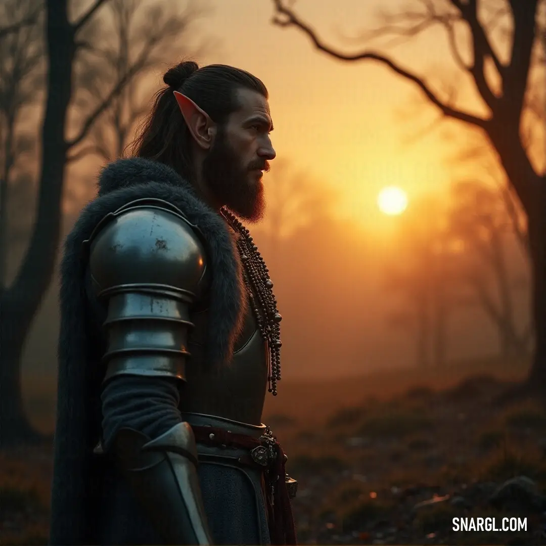 A warrior in full armor stands tall in a forest at sunset, his figure outlined by the last golden rays of the day. The surrounding trees are shrouded in darkness, making him the central figure of this powerful and serene moment.