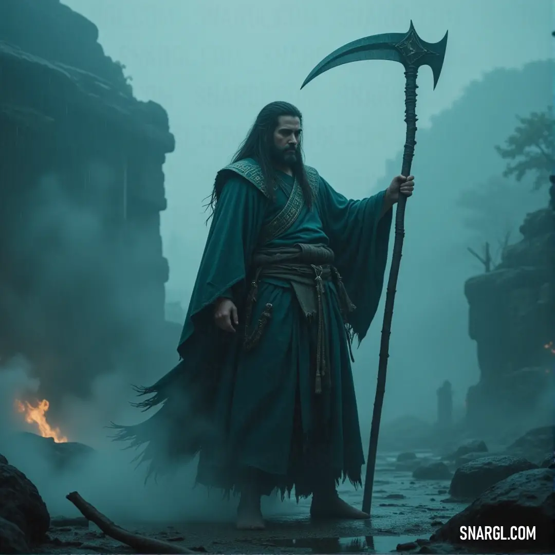 In a foggy, mystical setting, Horo stands with his green robe billowing and a staff topped with a flickering flame. The ethereal glow of the flame enhances the sense of magic and mystery in the air. Horo, in a flowing green robe, holds a staff with a flame dancing on top as he stands in a foggy, mystical landscape. The soft glow of the flame contrasts with the mysterious fog, adding a magical atmosphere to the scene.