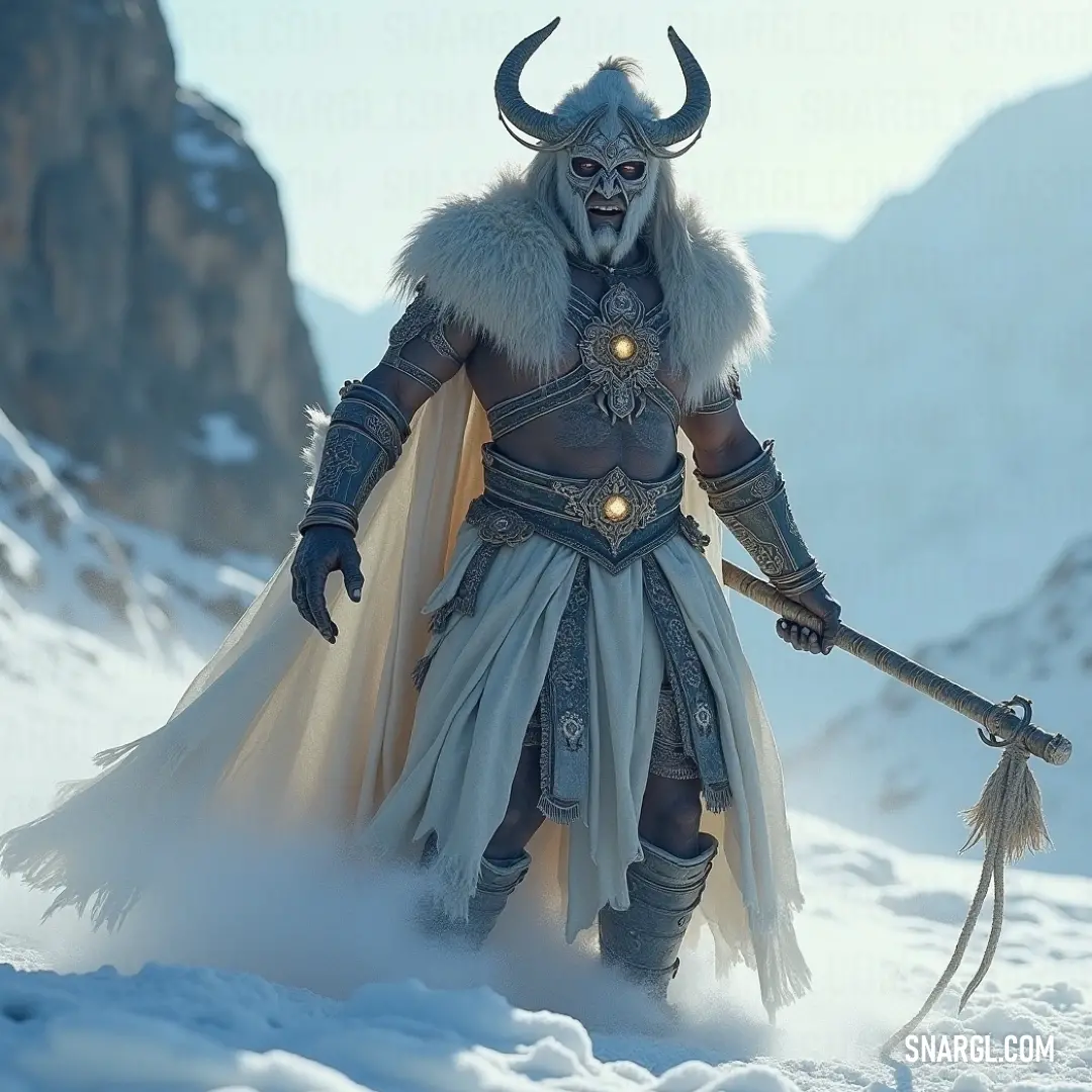 Powerful Horus, adorned in intricate horned attire, wields his sword fiercely in the tranquil yet harsh winter landscape, with towering mountains framing his valiant figure. Draped in an ornate horned costume, Horus, the embodiment of strength and protection, stands bravely in a snowy landscape, brandishing a sword, with majestic mountains rising behind him as a testament to his dominance.