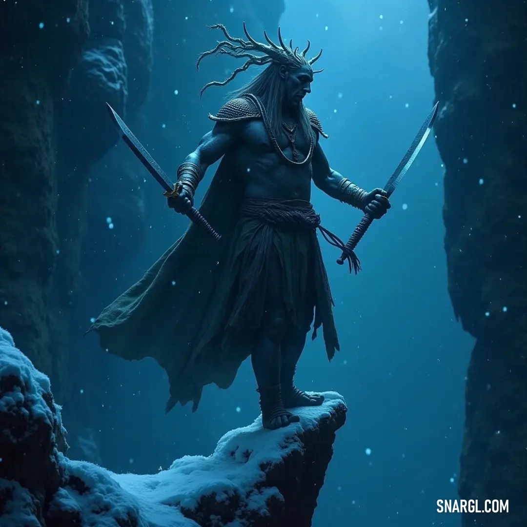 Defiant Horus, a symbol of bravery, stands poised upon a snow-covered rock, brandishing a sword and spear, with the chill of winter swirling around him in an awe-inspiring display of valor. Heroic Horus stands firmly atop a snowy rock, his sword gleaming in the crisp air, a spear gripped in his hand, wearing a decorated helmet, ready to face any challenge that may come his way amidst the winter's chill.