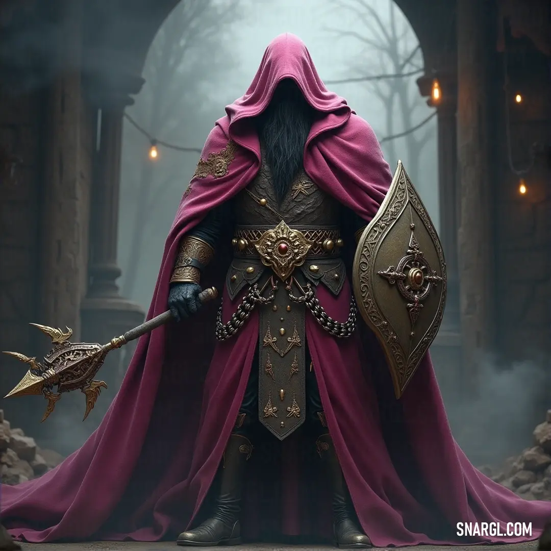 Hoshino, dressed in a striking red cloak, stands strong in the dense fog, his sword and shield held firmly, ready to face the unknown in a world cloaked in mystery and danger. A fierce warrior named Hoshino stands in a misty, dark landscape, cloaked in red. A sword and shield rest in his hands, as he gazes through the fog, preparing for whatever challenges lie ahead.