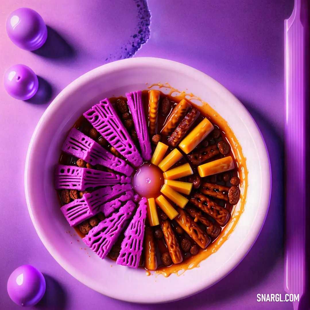 Bowl of food with purple and yellow decorations on it and a purple background with purple balls around it