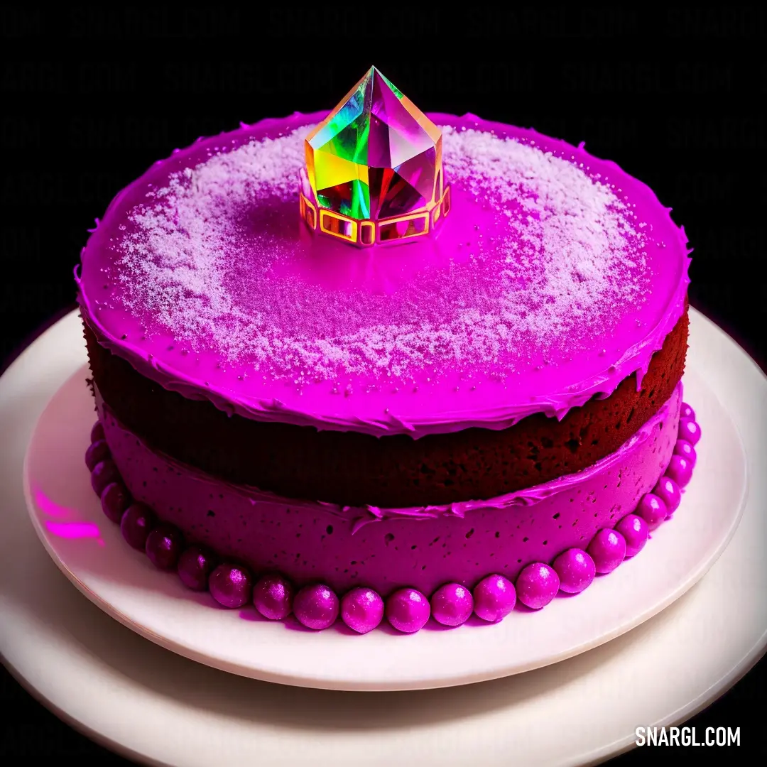 Cake with a purple frosting and a pink frosting ring on top of it on a plate