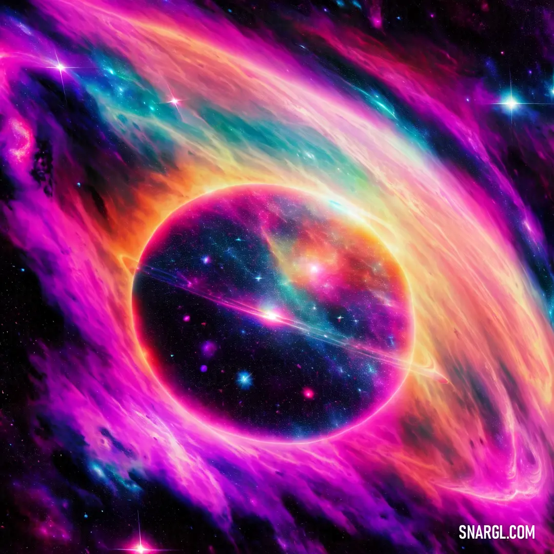 Colorful space scene with a black hole and a star in the center of the image