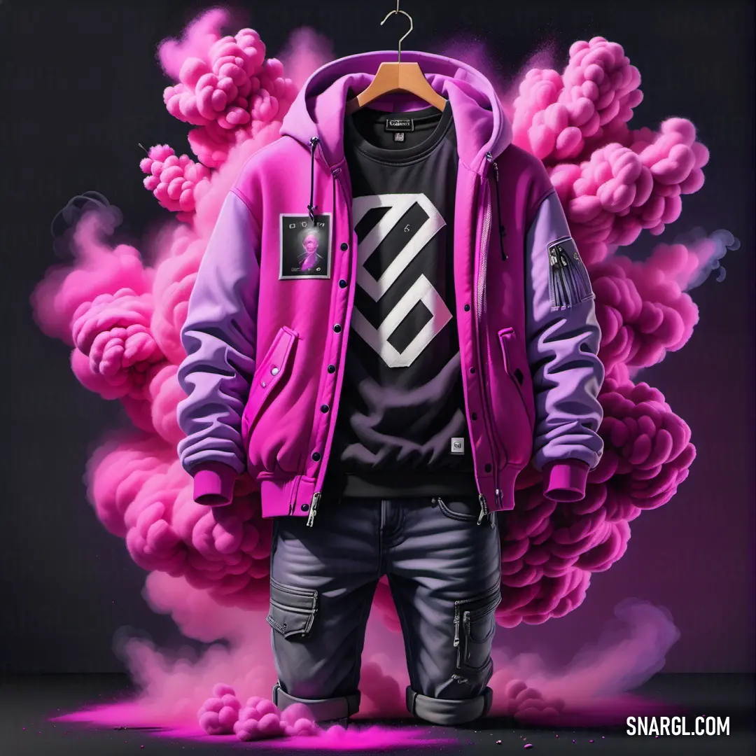 Man in a pink jacket and black shirt standing in front of a pink cloud of smoke. Example of CMYK 0,89,19,0 color.