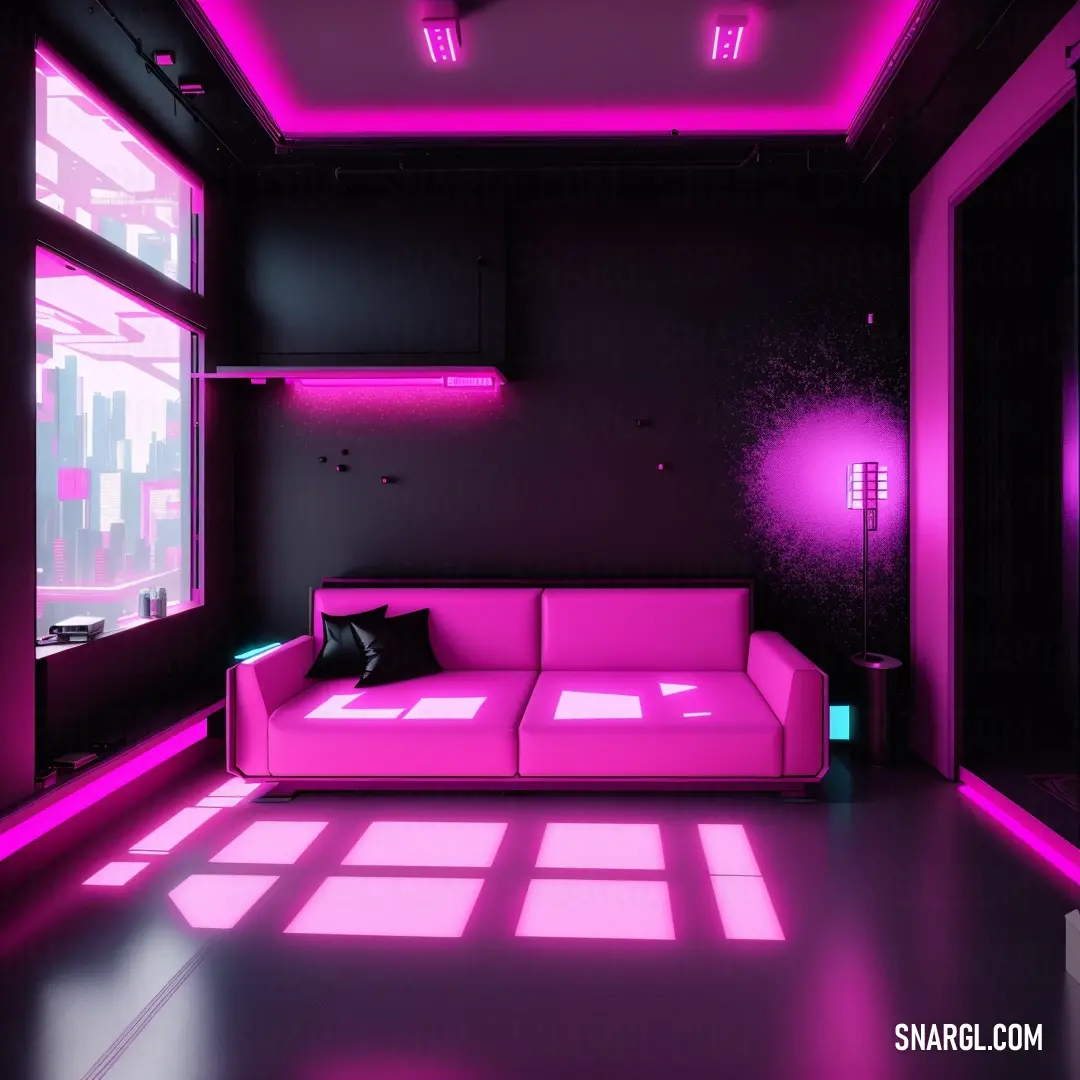 Living room with a pink couch and a purple light coming through the windows and a black wall