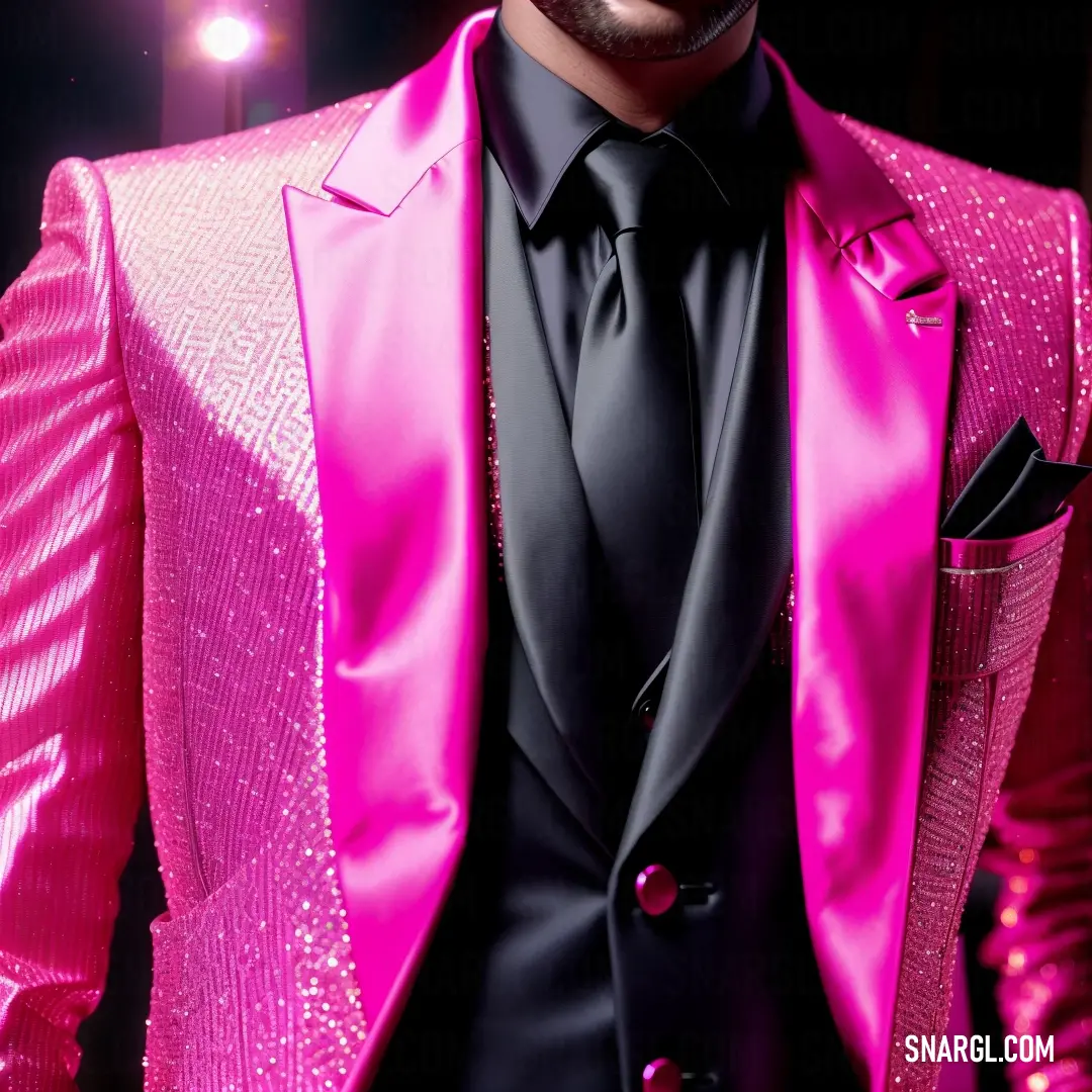 Man in a pink suit and black tie standing in a dark room with a light on behind him