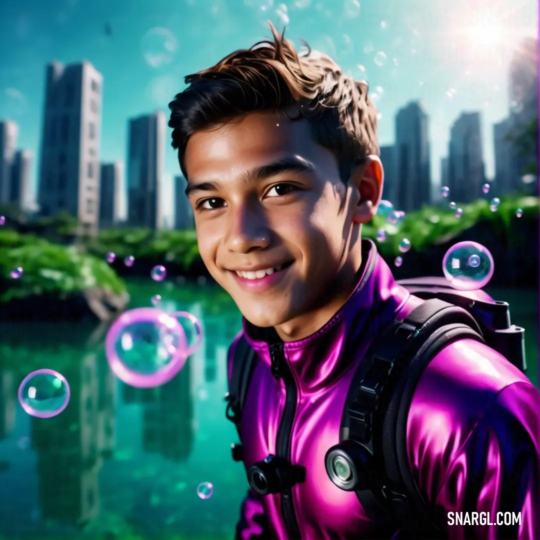 Man in a purple wet suit is smiling and bubbles are floating in the air. Example of #FF1DCE color.