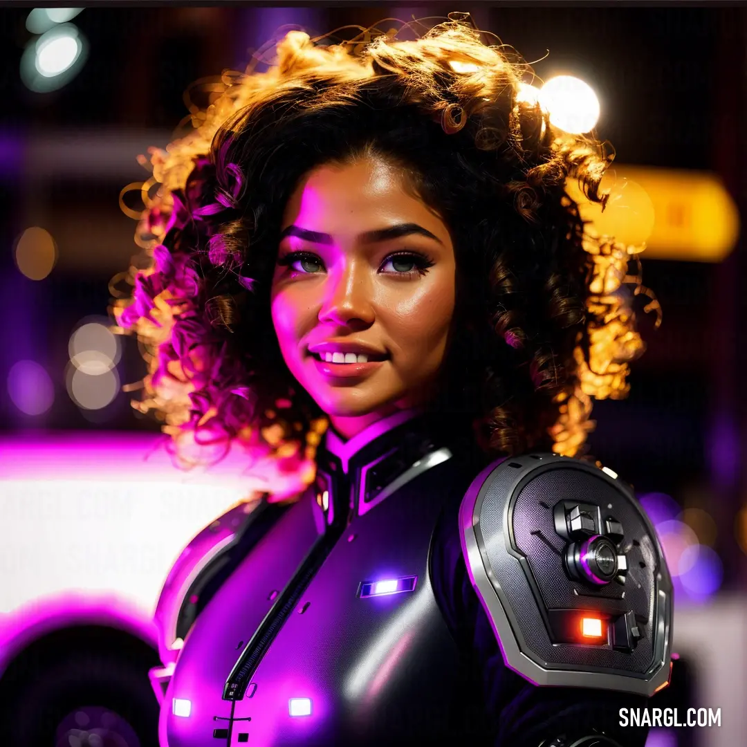 Woman in a futuristic suit posing for a picture with a car in the background and a purple light