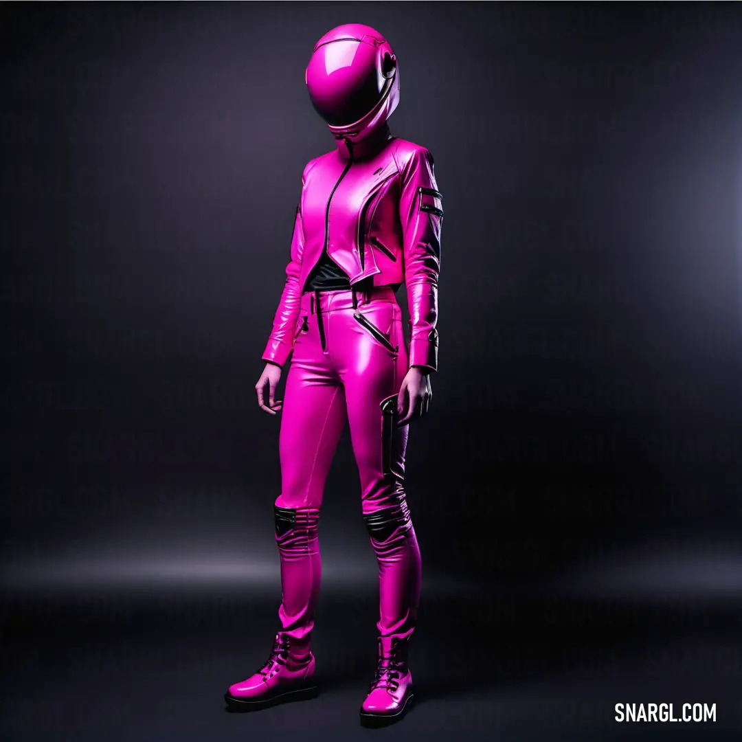 Hot magenta color example: Woman in a pink suit and helmet standing in a dark room with a light behind her and a black background