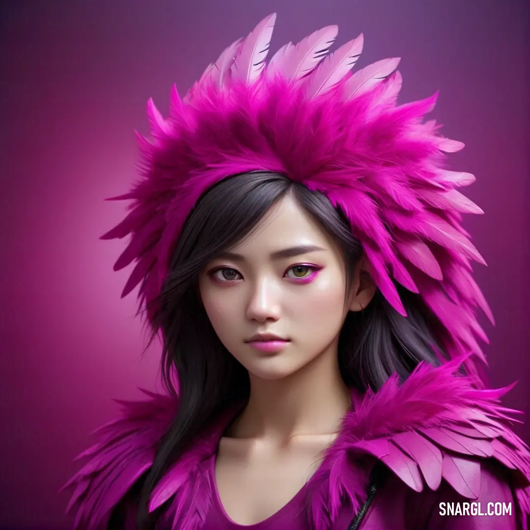 Woman with a pink feather hat on her head and a purple background. Example of CMYK 0,89,19,0 color.