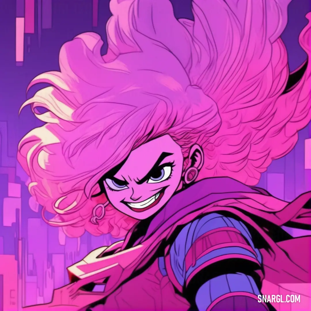 Cartoon character with pink hair and a purple background. Example of RGB 255,105,180 color.