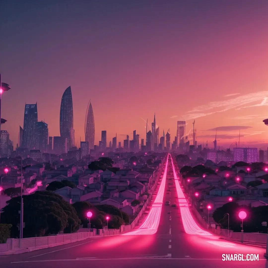 City skyline with a pink light at the end of the road