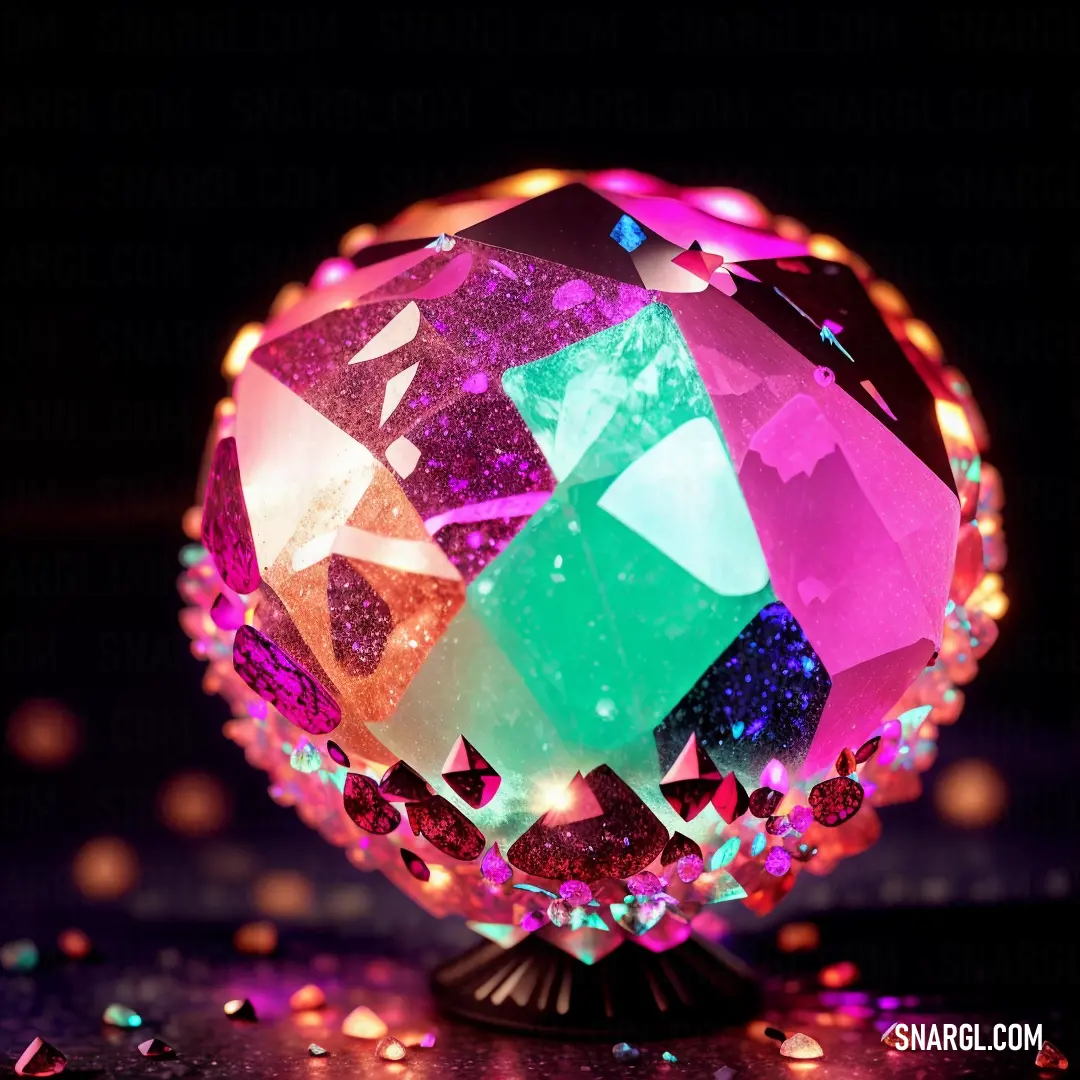 Colorful ball of glass on a table with confetti scattered around it and a black background with lights