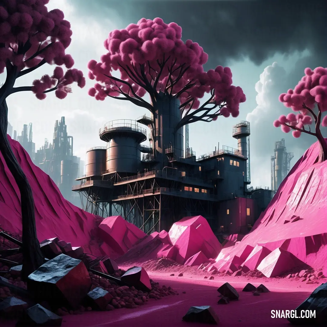 Futuristic city with a pink landscape and a pink tree in the foreground and a pink mountain in the background. Color RGB 255,105,180.