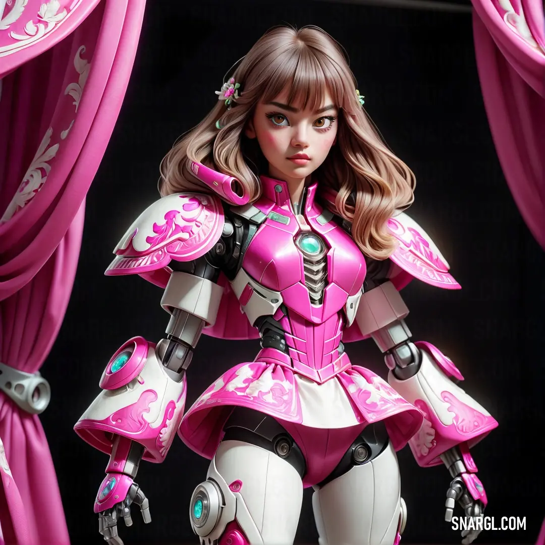 Girl in a pink suit standing in front of a curtain with a pink and white robot suit on. Color RGB 255,105,180.
