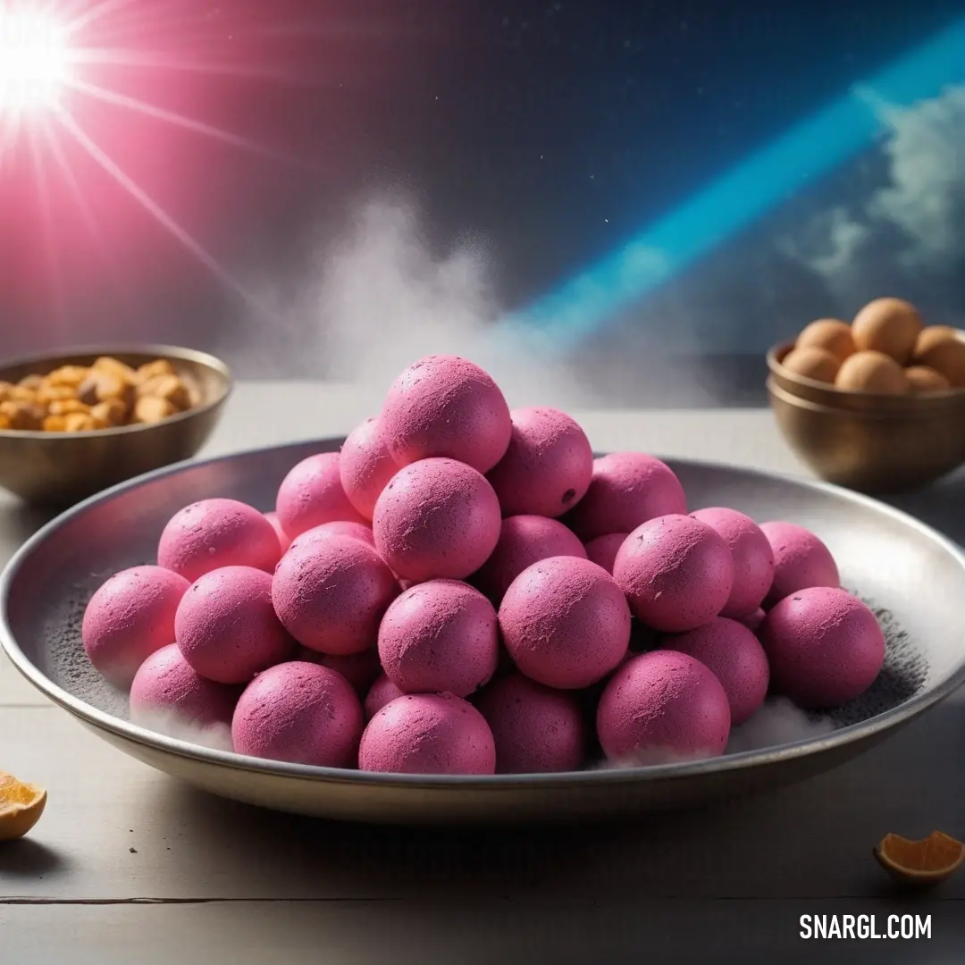 Bowl of pink colored balls on a table with other bowls of food in the background. Color #FF69B4.