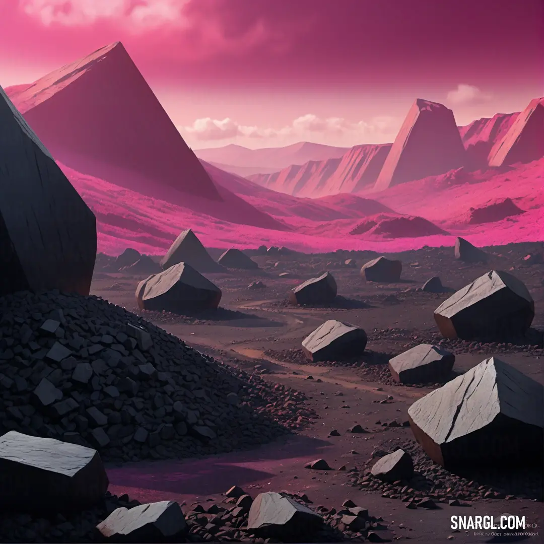 Computer generated image of a desert with rocks and boulders in the foreground. Color CMYK 0,59,29,0.