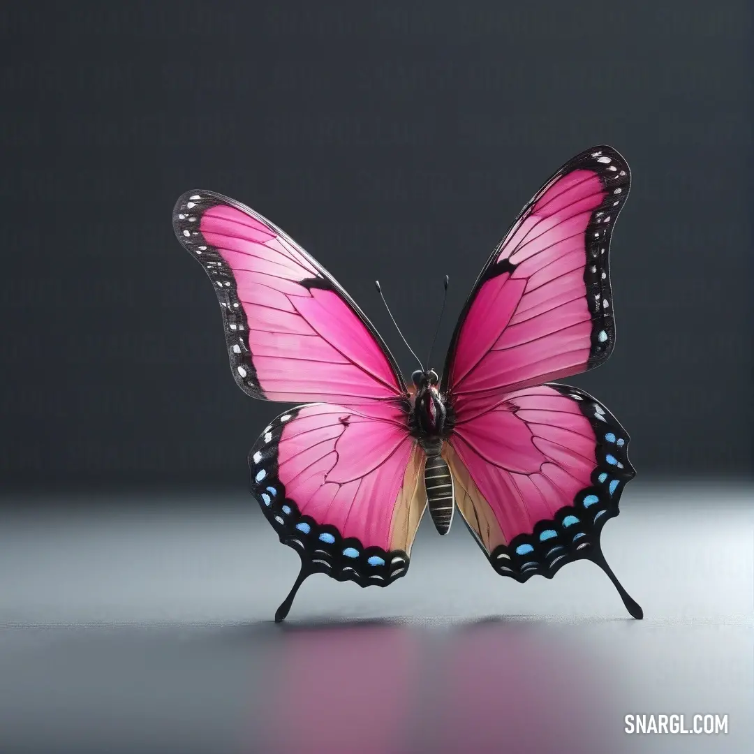 Pink butterfly with black spots on its wings and wings spread out,. Example of RGB 255,105,180 color.
