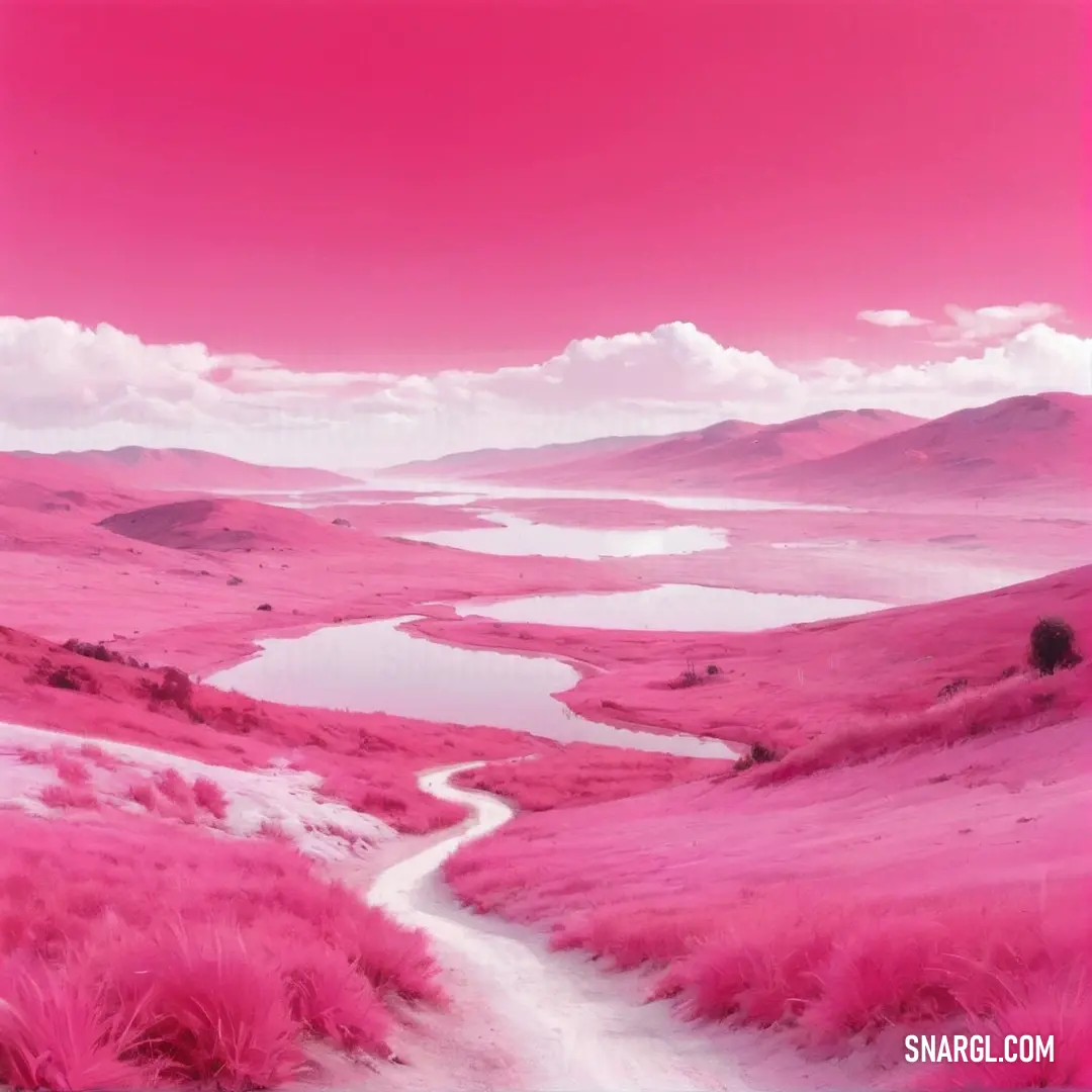 Pink landscape with a path leading to a lake and mountains in the distance with clouds in the sky. Color RGB 255,105,180.