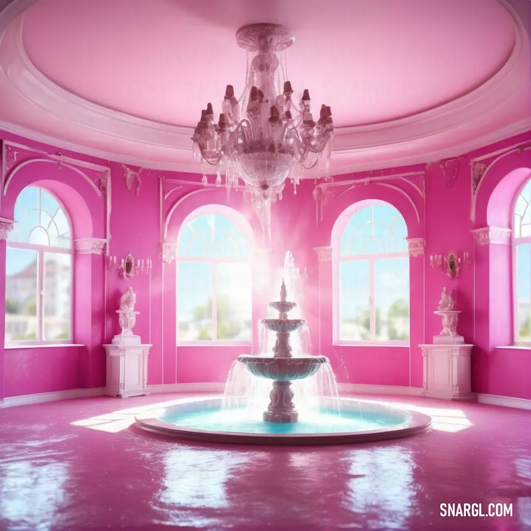 Hot pink color example: Pink room with a fountain and windows in it and a chandelier hanging from the ceiling in the center